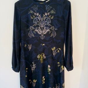 LOFT Navy and Gold Floral Long Sleeve Dress